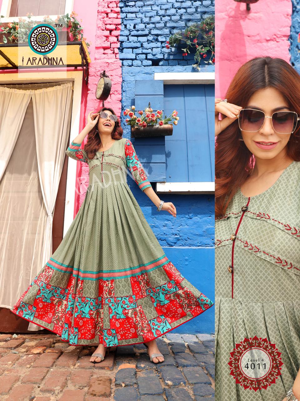 Aradhana Level 4 Latest Fancy  Printed Style Long Casual Wear Anarakali  Flair Pure Cotton Designer Kurti  Collection 

